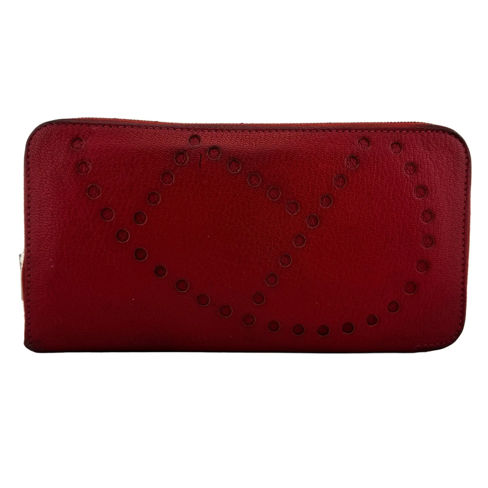 HERMES Evelyne Round Long Wallet, Buffalo Leather, Red, □P, Women's